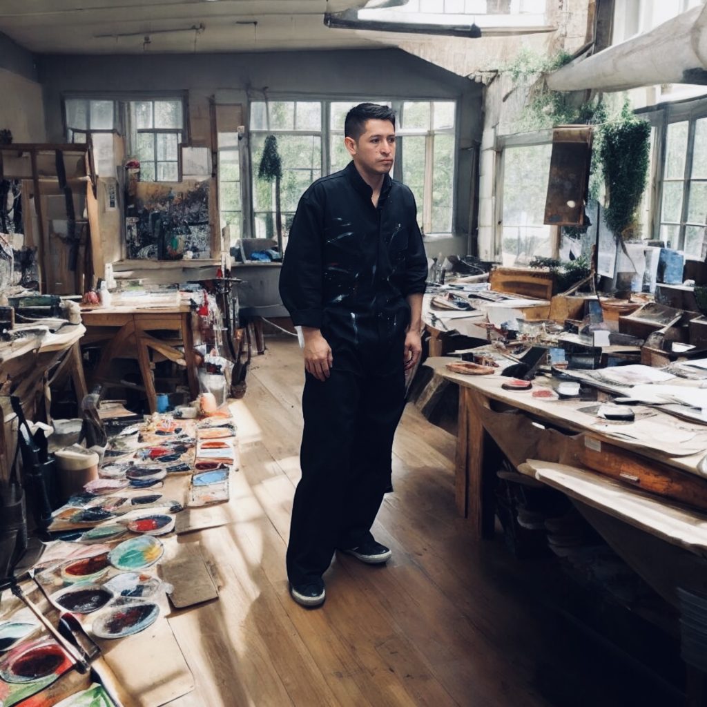 Andrés Martínez en el taller, entre materiales y herramientas de pintura