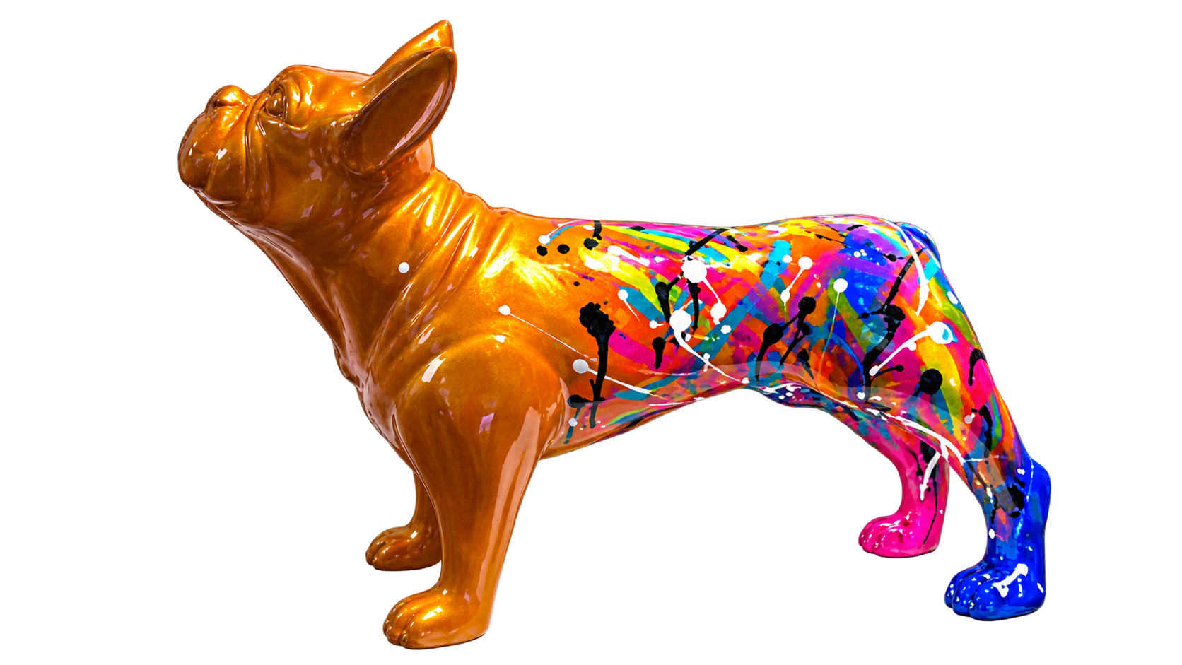 Bulldog frenchie sobre pedestal en sala de exposición